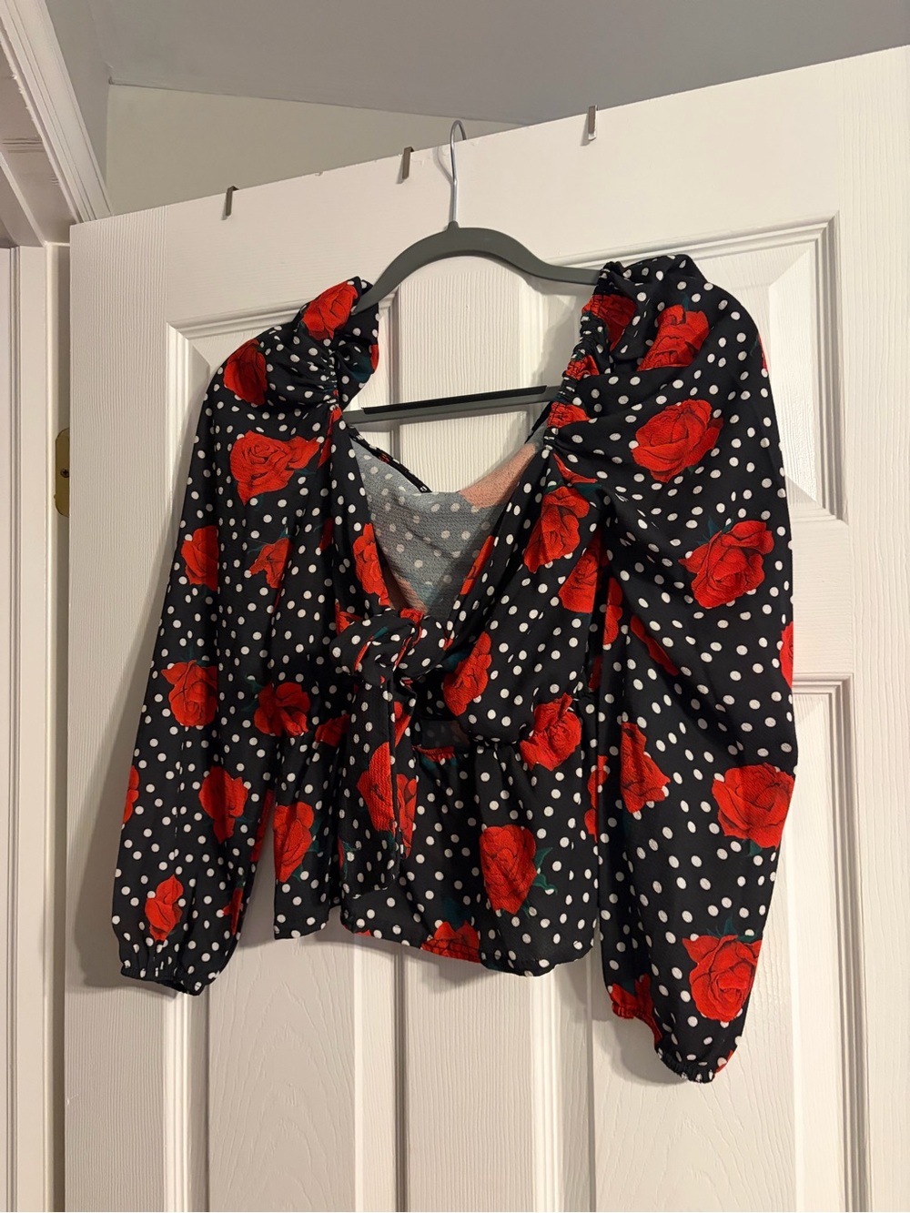 Black Puff Sleeve Blouse with Red Rose Print and Polka Dots